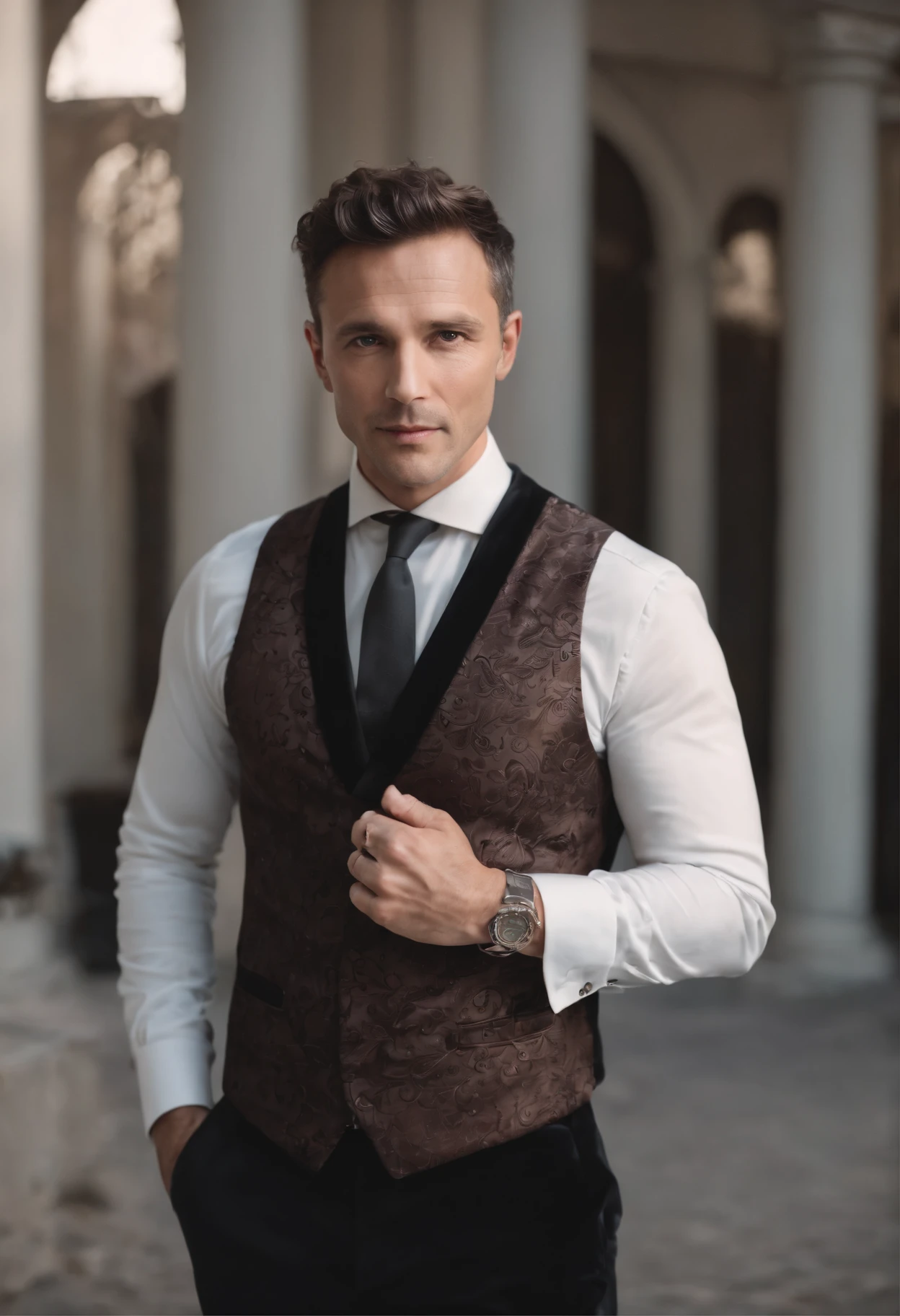 Cinematic photo, wide angle, of a handsom man, 40 years old, shaven , short curly brown hair, black tight velvet suit, white shirt with black flower patterns. Minimalistic background, clean composition, strong details, Muted Colours, Hasselblad --style raw