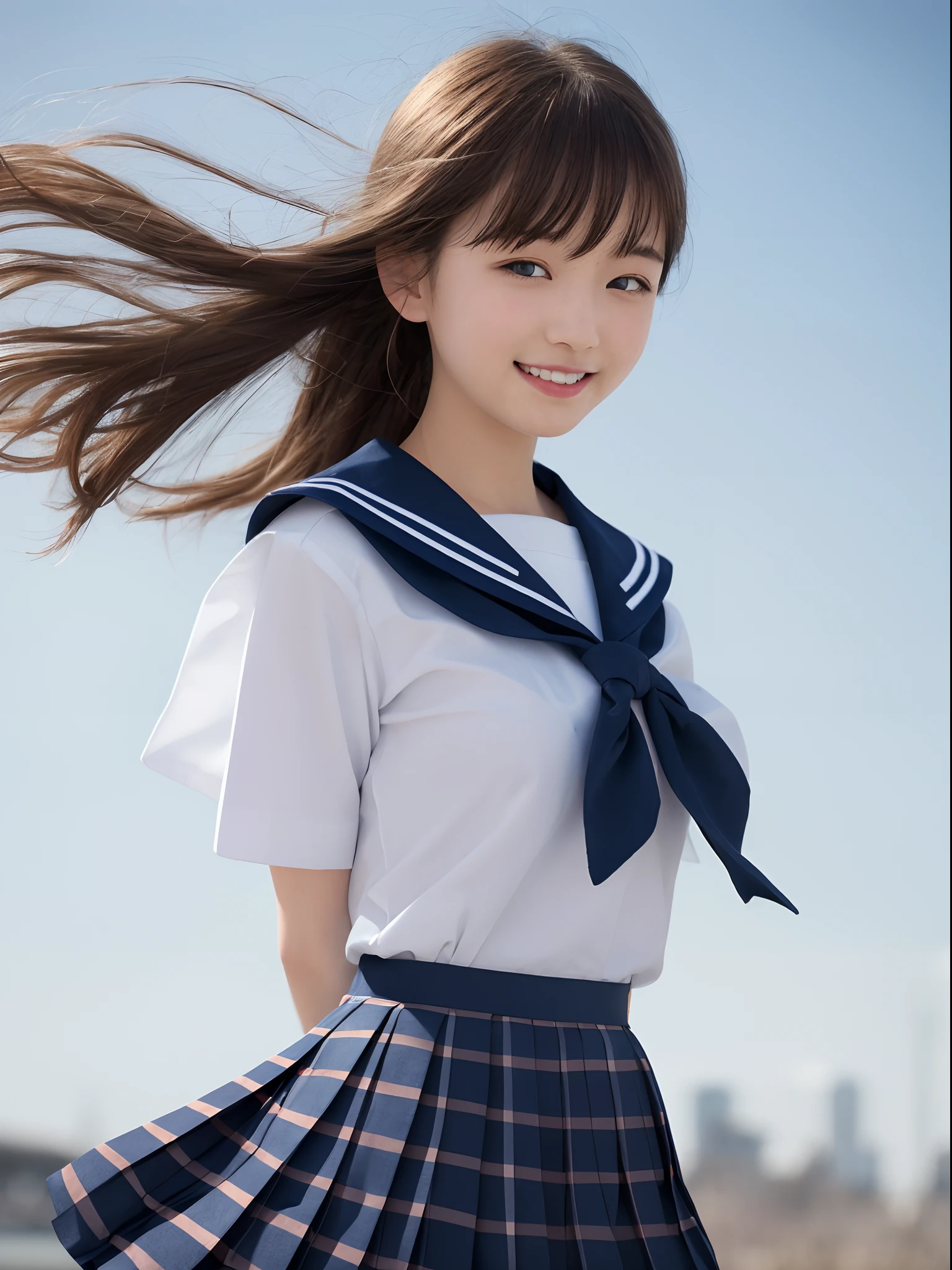raw ((Portrait)), (Best Quality), (Realistic, Photorealsitic:1.3), Best Quality ,masutepiece, extremely delicate and beautiful, Extremely detailed ,nffsw ,Unity , 2k wallpaper, amazing, finely detail, masutepiece, Best Quality, Highly detailed ticker Unity 8k wallpaper, huge filesize , Ultra-detailed, hight resolution, Extremely detailed, Strong winds are blowing, , bangss, , (((a sailor suit))), , (((Junior High School Uniforms:1.2))),((Navy Blue Check Pleated Skirt Long Length:1.4)), (((a junior high school student))), (((milkyway))), ((())), Short bob hair、Colossal tits、
one girls, Japanese, 年轻, A smile, ear, Dynamic Pose, dynamic ungle, (()), Hair blown in the wind,