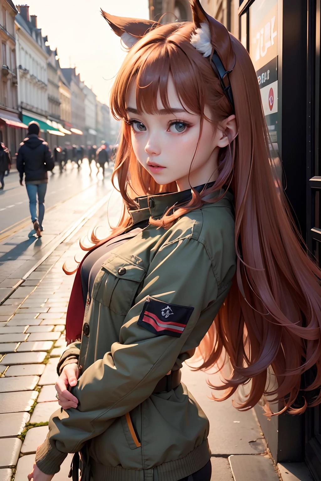 Raw photography, top-quality, masterpiece, extremely delicate and beautiful, ighly detailed, nffsw, Unity, 8K Picture Wallpaper, amazingly detail, detaile, masterpiece, top-quality, Official art, Highly detailed ticker Unity 8k wallpaper, ultra-detailliert, hight resolution, ighly detailed, Clair, Focus, (top-quality), (realisitic, Photorealsitic:1.5), 8K, Soft lighting, hightquality, lighting like a movie, 1girl in、mayano topgun(Uma Musume)、red brown hair、Red-brown hair、Birdtail、very, very very small birdtail、Very very, length hair、Hair color is reddish brown、bouncing hair、Very blue, Very long horse ears、、、、、Eyes very, very, Very big、Golden Eyes Eyes、Golden eyeball、Golden buds、Round eyes、Open your mouth wide、gently smiling、Angelic cuteness、Supernatural Beautiful Girl、pure、natural、Active、jealous、fickle、小柄、micro breast、small tits、Dark green army jacket、Wear an army jacket、Pampering Pose、The background is the Arc de Triomphe、France、Walk through Arc de Triomphe Square