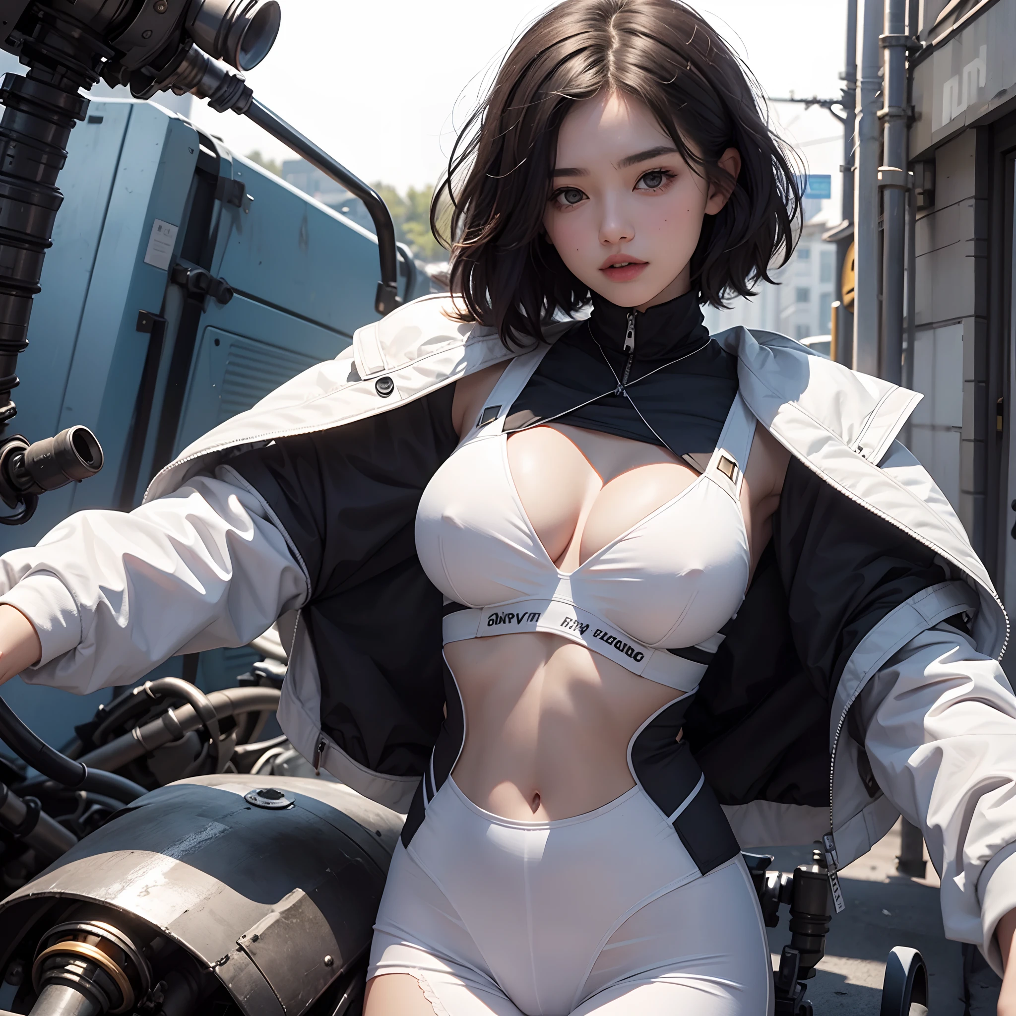 8k, solo, 1girl, 20 years old, short length black hair, messy hair, sunny lighting, mechanical body, giant tits, white suit