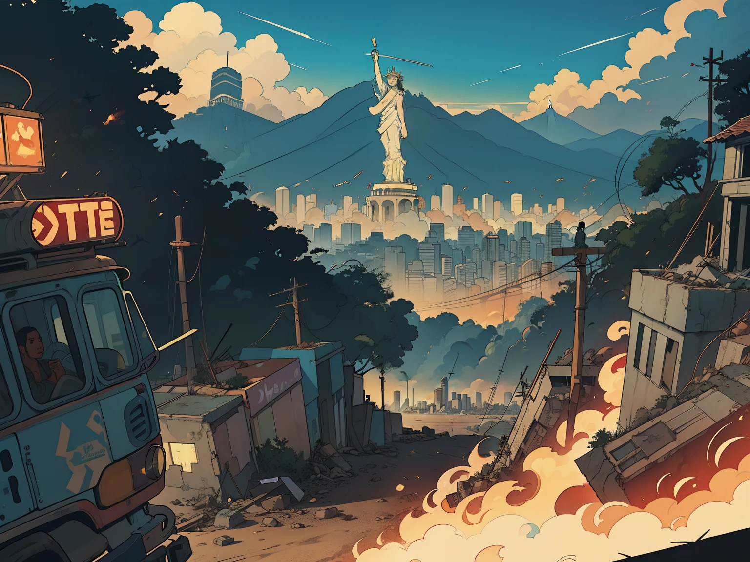 city of Rio de Janeiro all destroyed, ao fundo a imagem do cristo redentor,  post-apocalyptic manga style, comics with style strokes Katsuhiro Otomo Drama... papel de parede