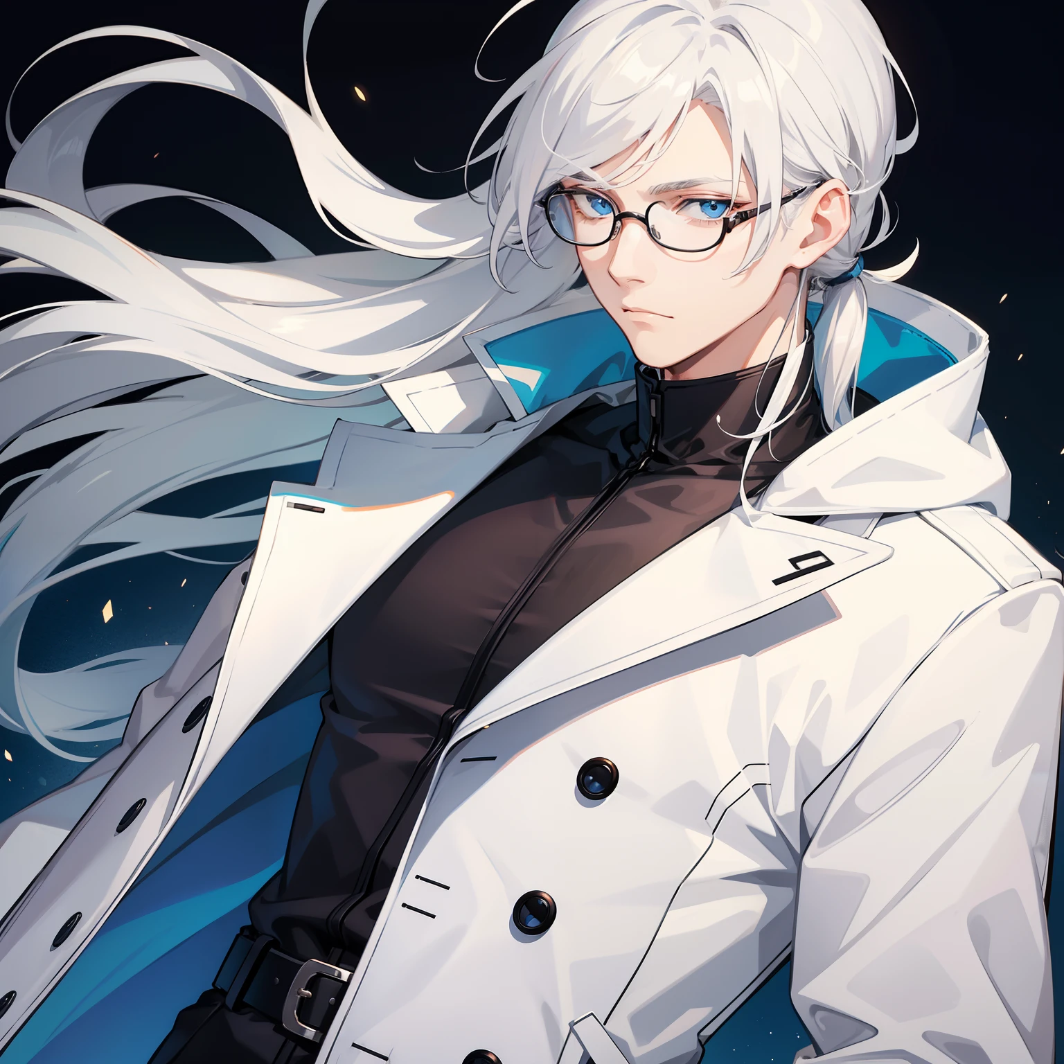 Male, white hair, man, blue eyes, coat, t-shirt,  long hair, ponytail hair, glasses, (solo)