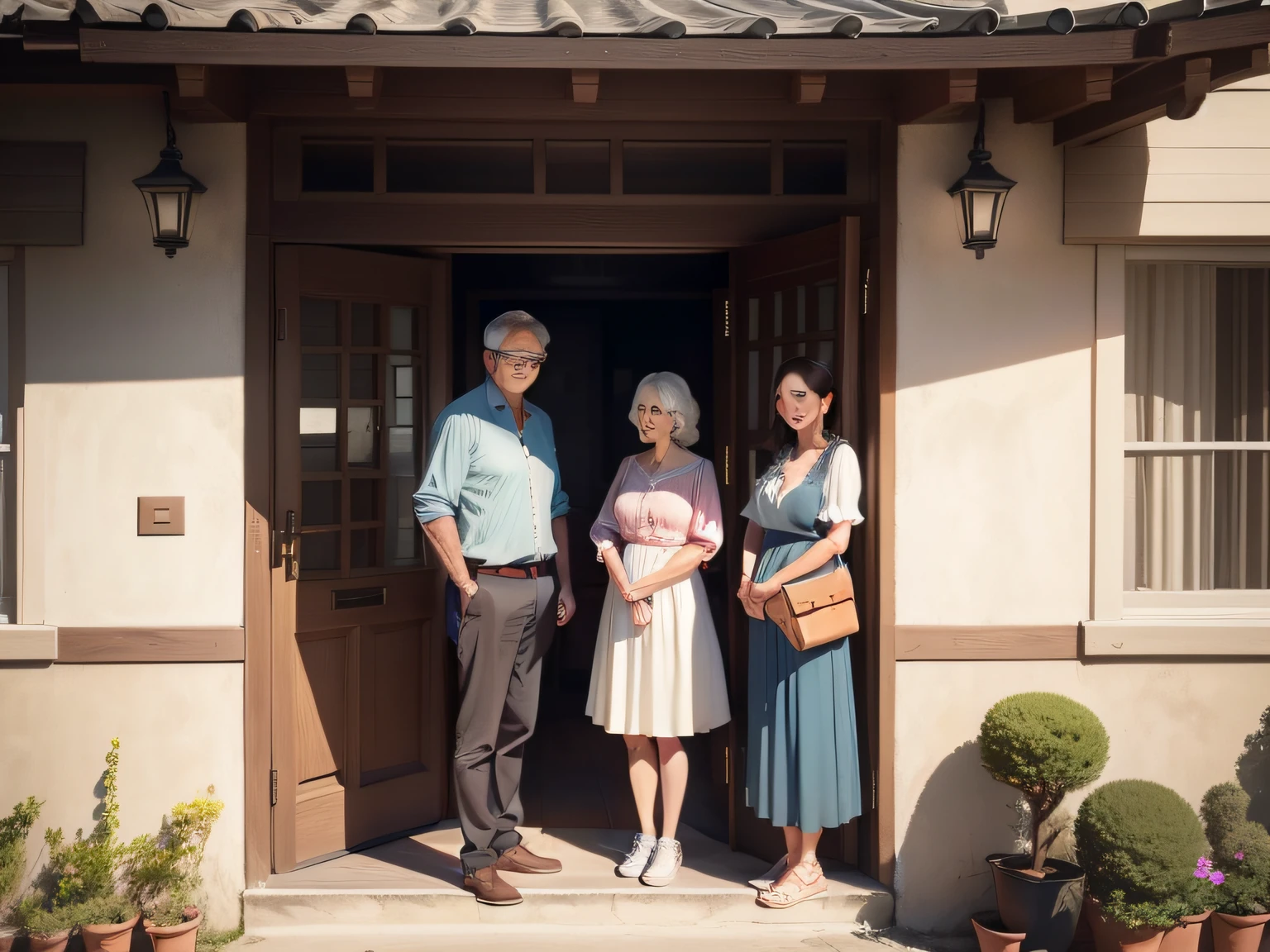 Couple in their 50s and 30-year-old woman waiting at the door,3 people,Facing the front、The entrance of a house,(top-quality、8K、32K、​masterpiece、nffsw:1.2)、hyper realistic photography、