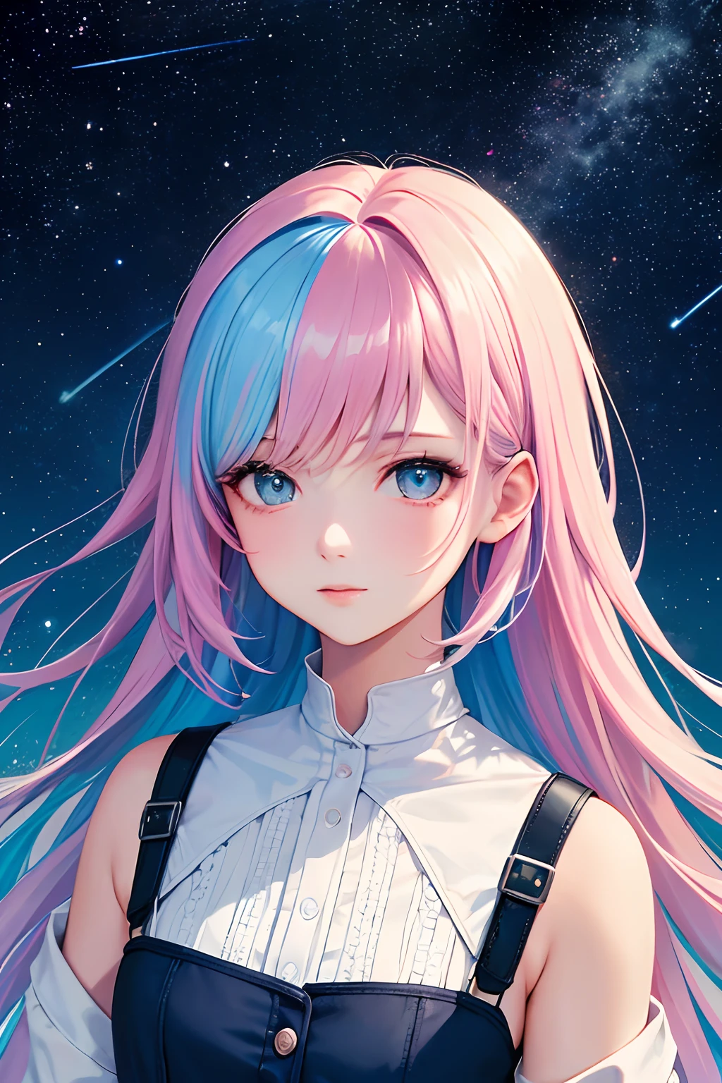 (Masterpiece, Top Quality, Best Quality, Watercolor (Medium), Official Art, Beautiful and Aesthetic: 1.2), (1 High School Girl: 1.3), (Fractal Art: 1.3), Upper Body, Frontal, Face Up, Pattern, (Iridescent Hair, Colorful Hair, Half Blue and Half Pink Hair: 1.2), Water, Liquid, Clouds, Colorful, Starry Sky, Stars,
