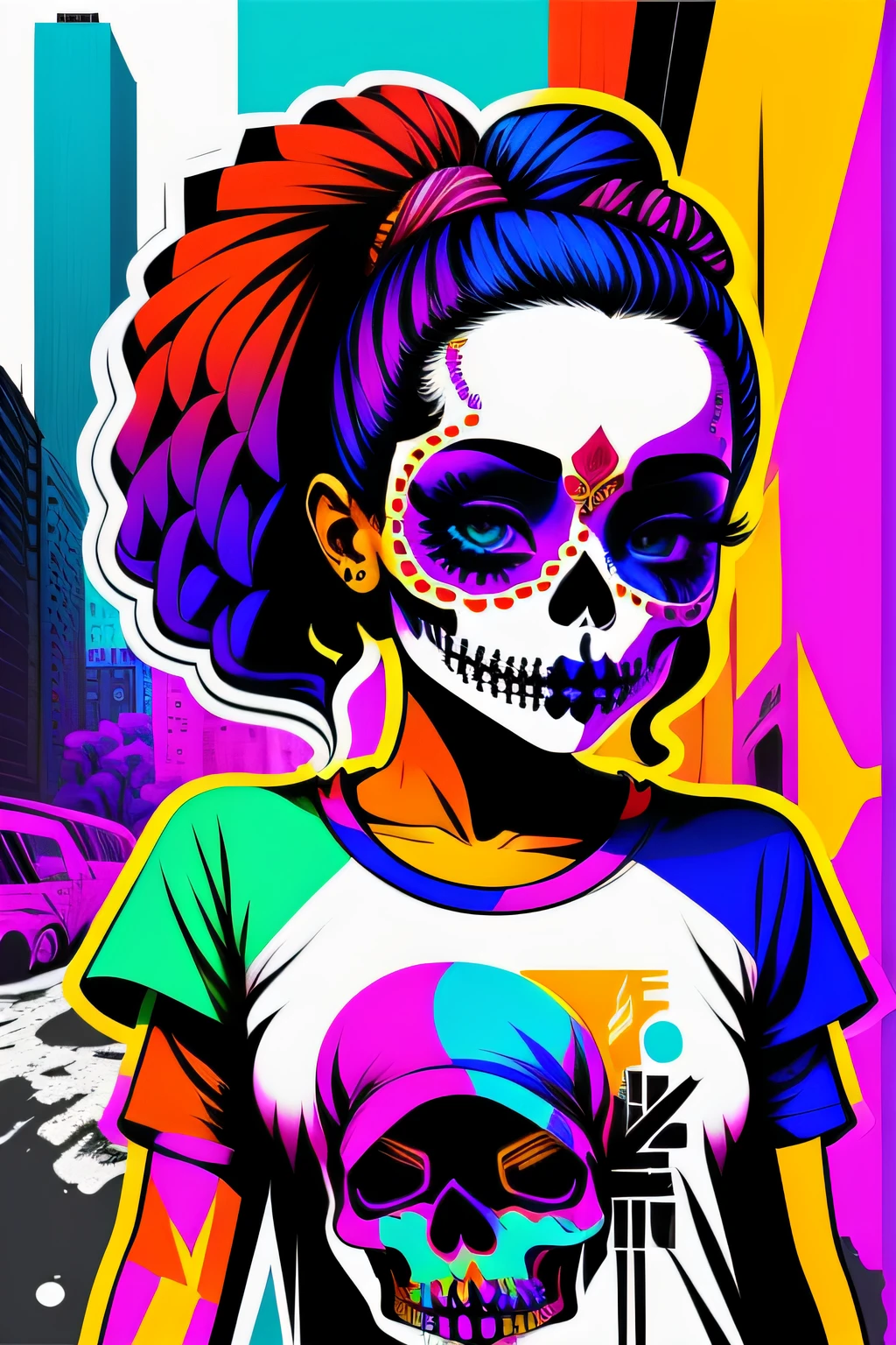 colorful design for a Sticker or T-shirt. Generate a striking and unique illustration of a sugar skull girl character wearing urban style clothing. The character should have vibrant, colorful sugar skull makeup on her face and be dressed in modern, edgy urban fashion. Incorporate elements like graffiti, street art, and a cityscape backdrop to give it an urban feel. The character should exude confidence and attitude while maintaining a sense of beauty and mystery. various color palettes and design details make this t-shirt design visually captivating and culturally relevant. full body image. sticker with border on white background. Ariana grande