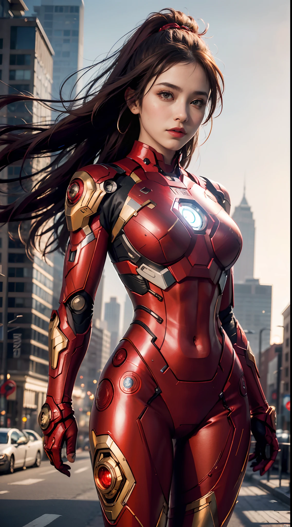 (1girl:1.3), solo, __body-parts__, official art, unified 8k wallpaper, super detailed, beautiful and aesthetic, beautiful, masterpiece, best quality, raw, masterpiece, super fine photo, best quality, super high resolution, photorealistic , sunlight, full body portrait, amazing beauty, dynamic pose, delicate face, vibrant eyes, she is wearing a full body futuristic Iron Man mech, red and gold color scheme, new york city background, Detailed face, blurred background, , gorgeous, sharp focus, volumetric fog, 8k uhd, high quality, film grain, fair skin,