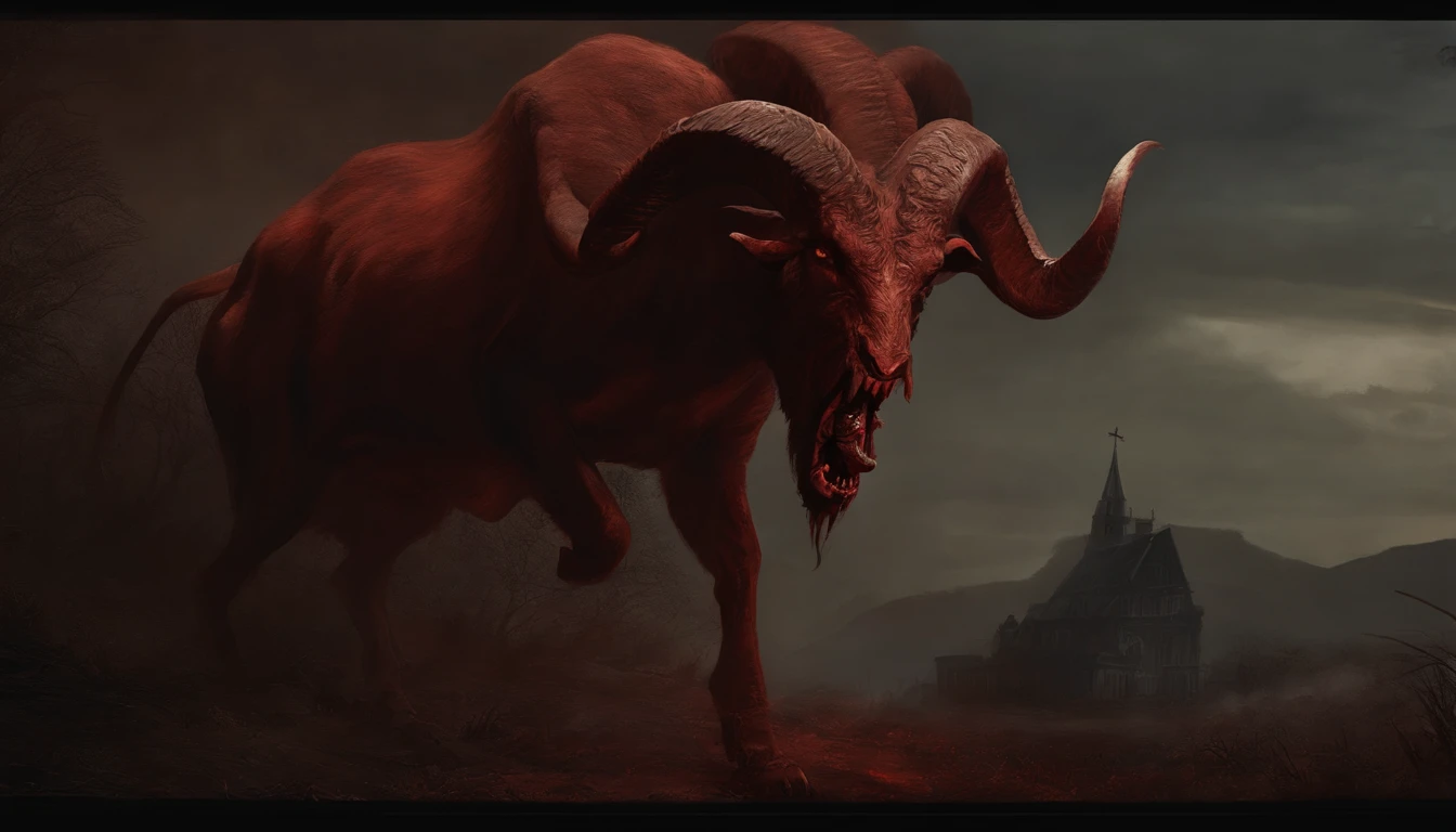 A painting of a demonic creature with a bloodied face and a goat's head, carnificina, Sci - Horror Art of Fiction, Science fiction horror art, inspirado em Ridley Scott, Presas da carnificina, arte de fantasia de terror, Directed by:  Ridley Scott, arte conceitual de terror, satanic, Arte de fantasia e terror, Detailed illustration of 4K horror, demonic creature, arte de terror de fantasia sombria
