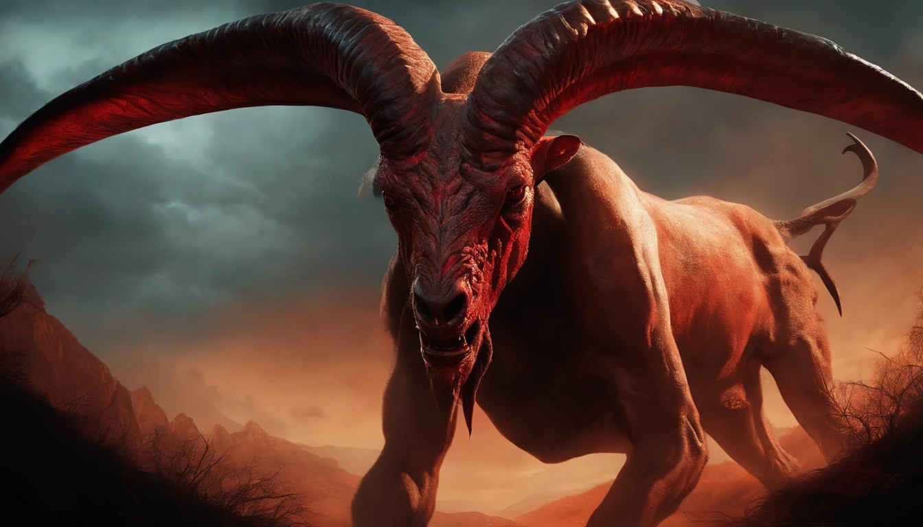 A painting of a demonic creature with a bloodied face and a goat's head, carnificina, Sci - Horror Art of Fiction, Science fiction horror art, inspirado em Ridley Scott, Presas da carnificina, arte de fantasia de terror, Directed by:  Ridley Scott, arte conceitual de terror, satanic, Arte de fantasia e terror, Detailed illustration of 4K horror, demonic creature, arte de terror de fantasia sombria
