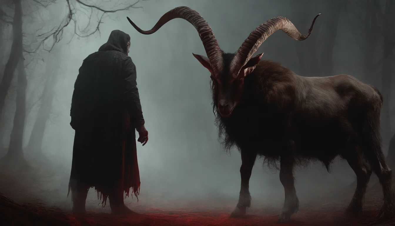 A painting of a demonic creature with a bloodied face and a goat's head, carnificina, Sci - Horror Art of Fiction, Science fiction horror art, inspirado em Ridley Scott, Presas da carnificina, arte de fantasia de terror, Directed by: Ridley Scott, arte conceitual de terror, satanic, Arte de fantasia e terror, Detailed illustration of 4K horror, demonic creature, arte de terror de fantasia sombria