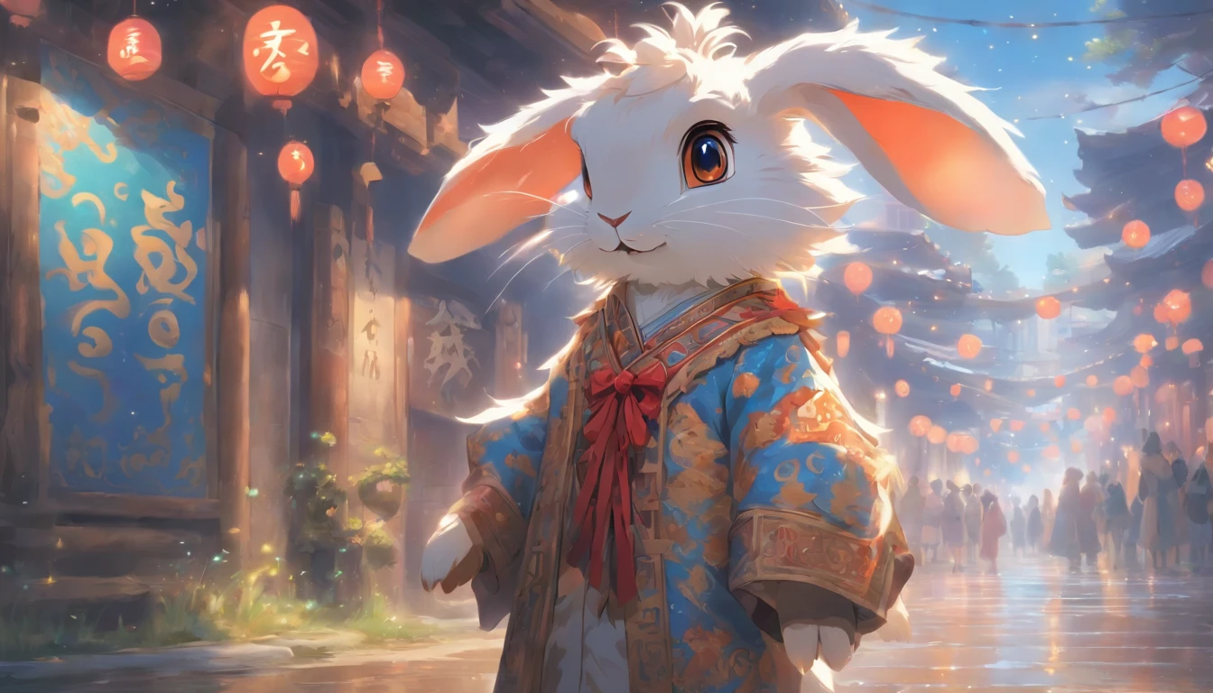 Zodiac rabbit Furry rabbit, ,Big eyes, Wear festive attire, Standing on the side of the street, Ancient style, Artistic touch,Snes painting
