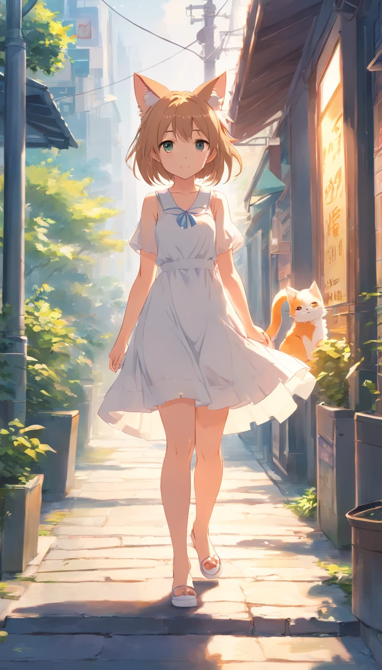 Anime cat eared girl walking in white dress, loli in dress, Lori２a person、small curvy loli, Guviz-style artwork, Guweiz in Pixiv ArtStation, guweiz on artstation pixiv, Guviz, small loli girl, soft anime illustration, Anime visuals of cute girls, Detailed Digital Anime Art、borgar、stroll、Clear