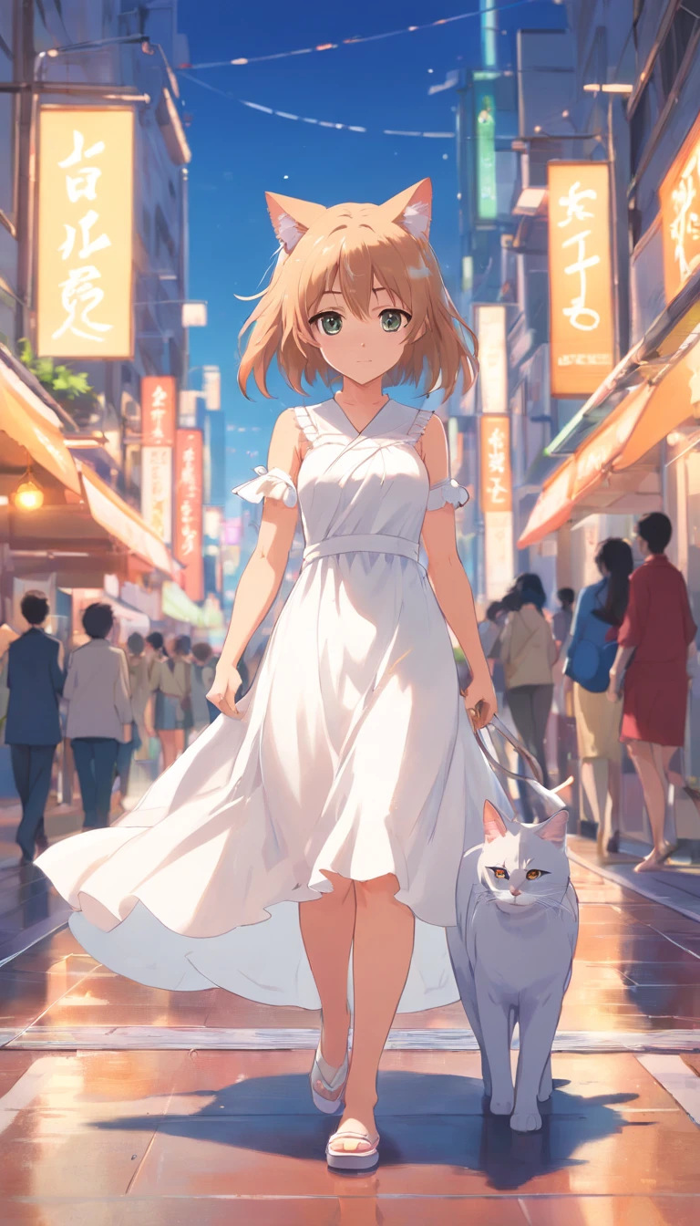 Anime cat eared girl walking in white dress, loli in dress, Lori２a person、small curvy loli, Guviz-style artwork, Guweiz in Pixiv ArtStation, guweiz on artstation pixiv, Guviz, small loli girl, soft anime illustration, Anime visuals of cute girls, Detailed Digital Anime Art、borgar、stroll、Clear