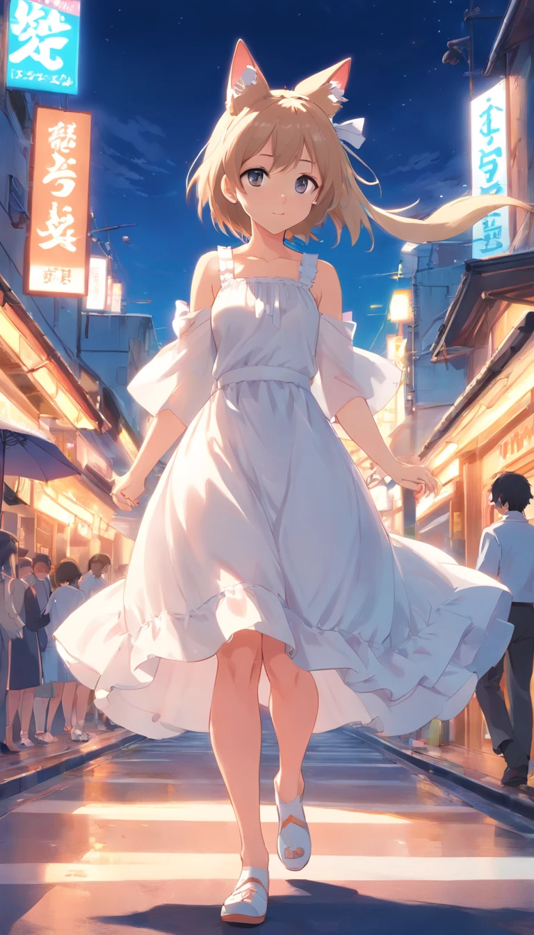 Anime cat eared girl walking in white dress, loli in dress, Lori２a person、small curvy loli, Guviz-style artwork, Guweiz in Pixiv ArtStation, guweiz on artstation pixiv, Guviz, small loli girl, soft anime illustration, Anime visuals of cute girls, Detailed Digital Anime Art、borgar、stroll、Clear