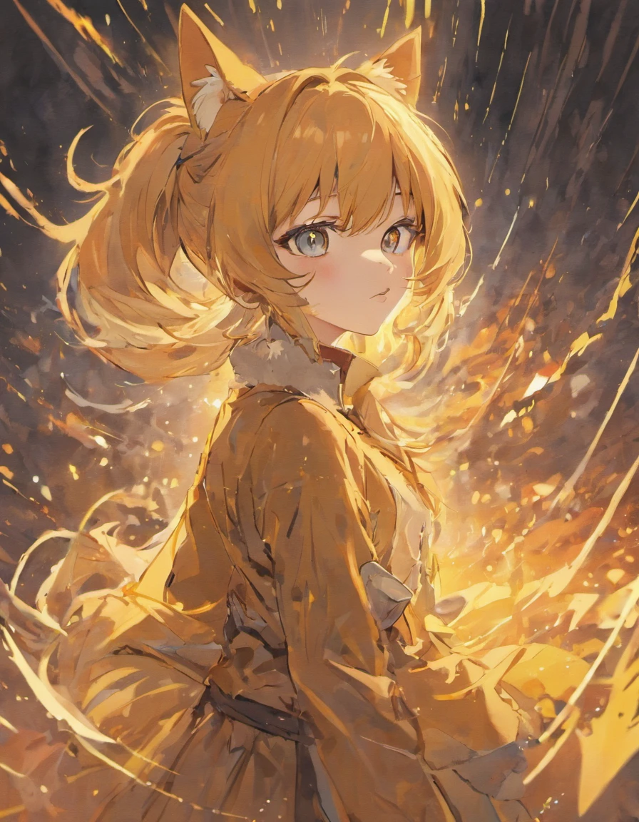 menina anime, menina lobo, olhos amarelos, cabelos longos, cabelos pretos, piece of master, alta qualidade, Roupas de Final Fantasy, gothic scenario, Orelha de lobo, roupas longas, adulta,
