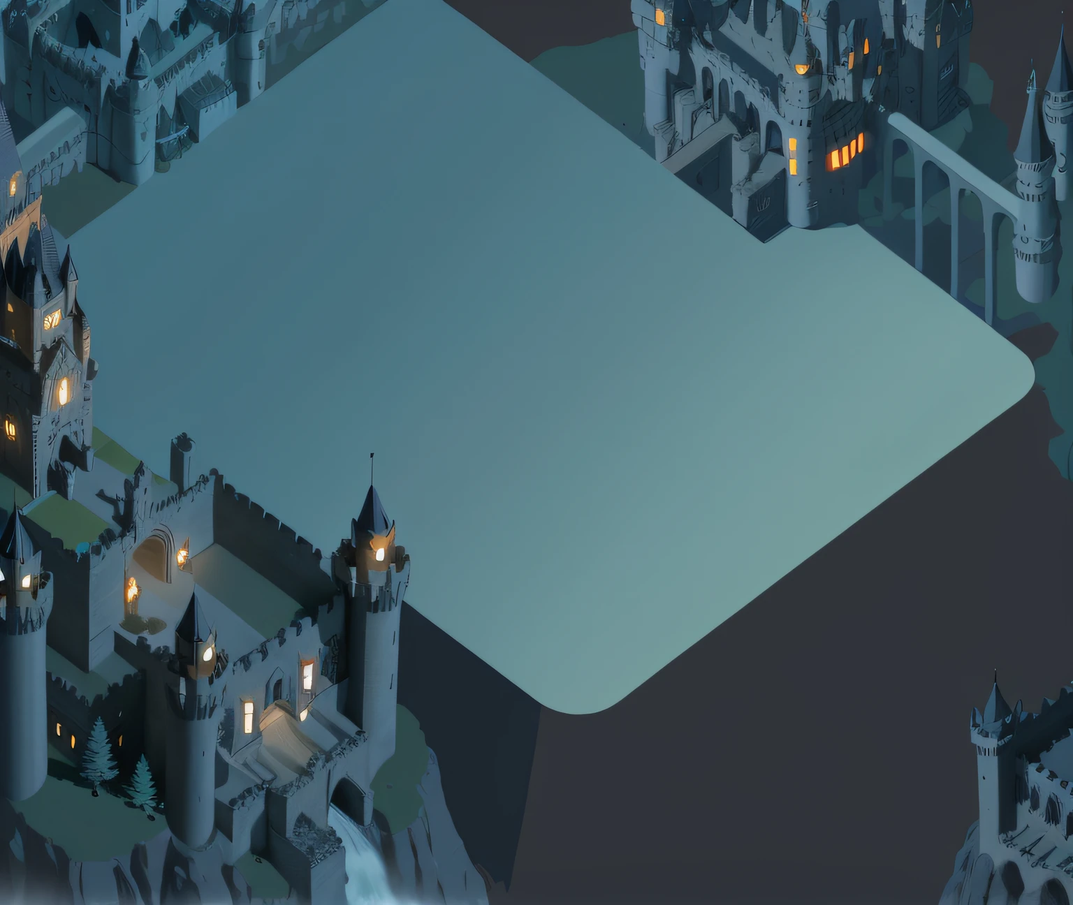 There is a castle,There is a fountain in the middle, Isometric 3D fantasy, shadowy castle background, isometric game art, isometric view of a wizard tower, incredible isometric screenshot, iso-distance view. Game RPG, an isometric fantasy map, isometric game, dark pastel castle background, isometric voxel art, Dark castle environment