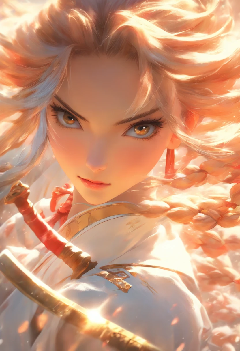a close up of a woman with a sword in a white dress, a character portrait by Yang J, trending on cgsociety, fantasy art, beautiful character painting, artwork in the style of guweiz, guweiz, white hanfu, flowing white robes, full body wuxia, epic exquisite character art, stunning character art, beautiful female assassin