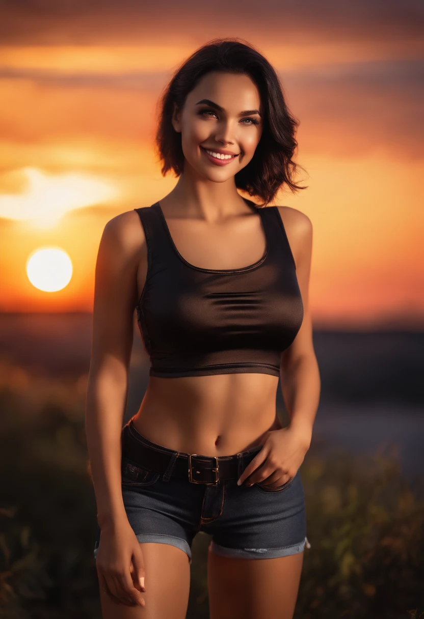 1girl, photo model, smile, focus to viewer, beautiful lighting, best quality, masterpiece, ultra highres, photorealistic, black hair, short tank top, short pants, long stocking, medium breasts, white skin,( sunset background:1.4)