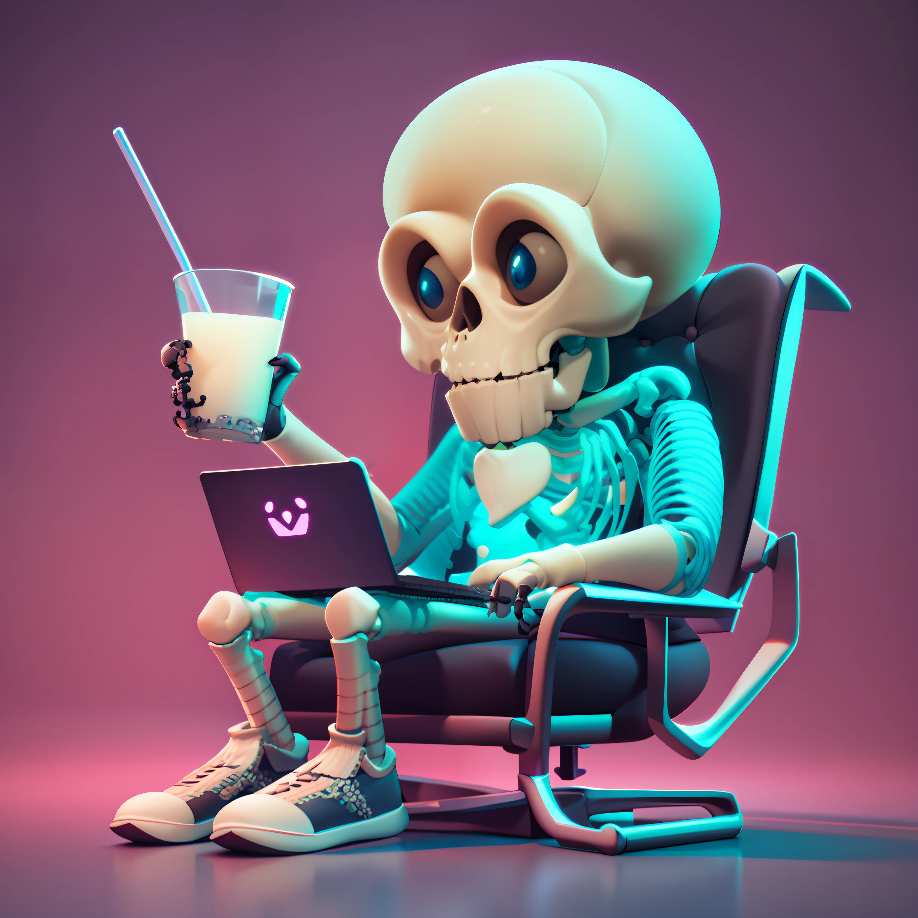 arafed skeleton sitting in a chair with a laptop and drinking a drink, cute skeleton, 3d illustration, 3 d illustration, cute 3 d render, 3 d render stylized, 2 d illustration, 2d illustration, cyber skeleton, an alien working on a computer, stylized 3d render, digital art render, stylized digital illustration