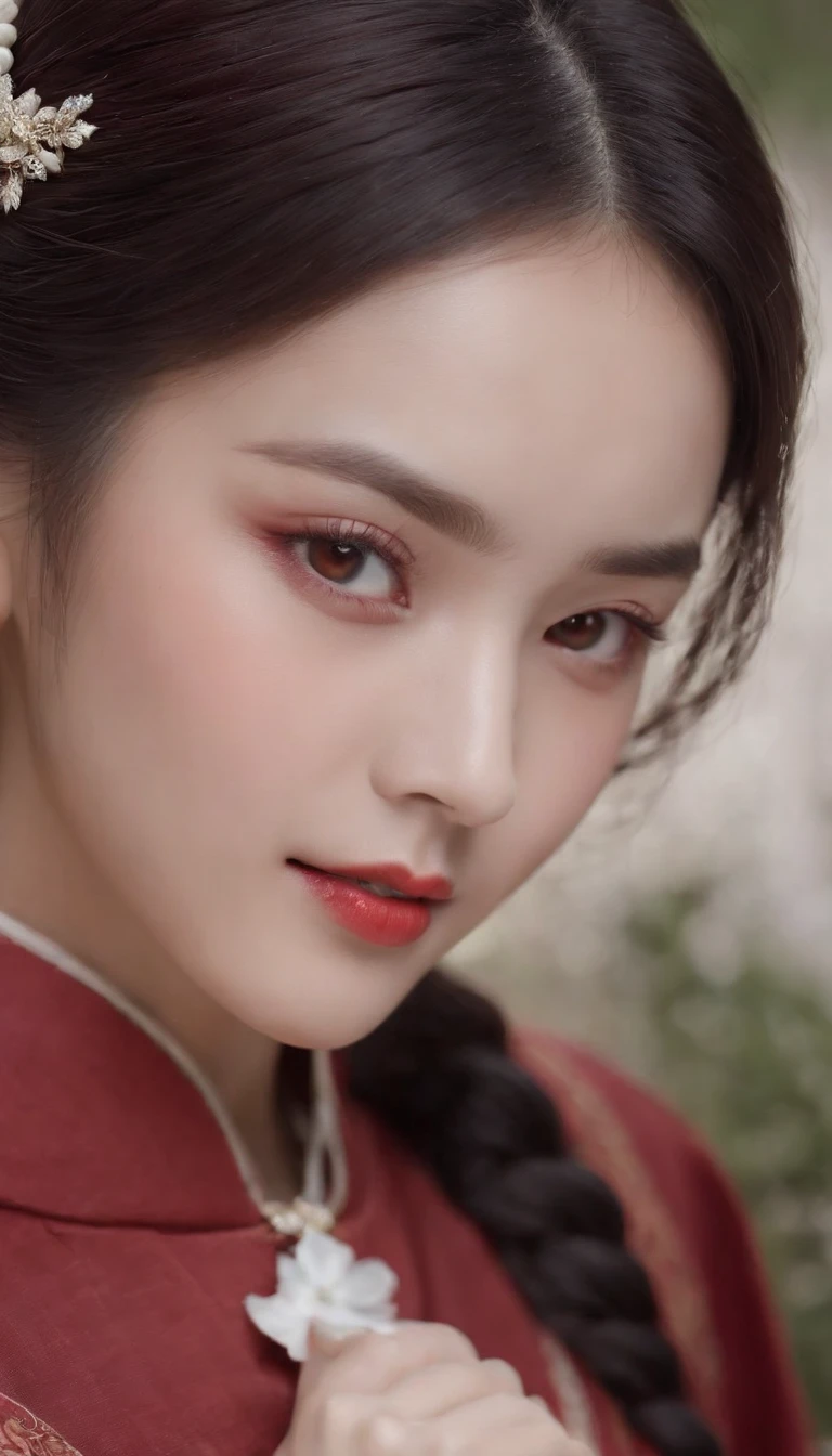 (((A deep red wound streaked across her left cheek))) Fair complexion, A woman around 19 years old, Natural gray hair, Unique green eyes, Wear Cole, Slender and graceful, Beautiful, Chinese women's Hanfu, super sharp focus, realistic lens,, Four colors (Scar:1.4)Red cheeks