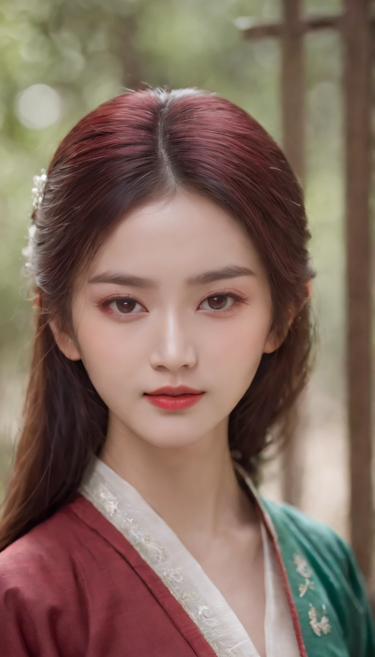 (((A deep red wound streaked across her left cheek))) Fair complexion, A woman around 19 years old, Natural gray hair, Unique green eyes, Wear Cole, Slender and graceful, Beautiful, Chinese women's Hanfu, super sharp focus, realistic lens,, Four colors (Scar:1.4)Red cheeks