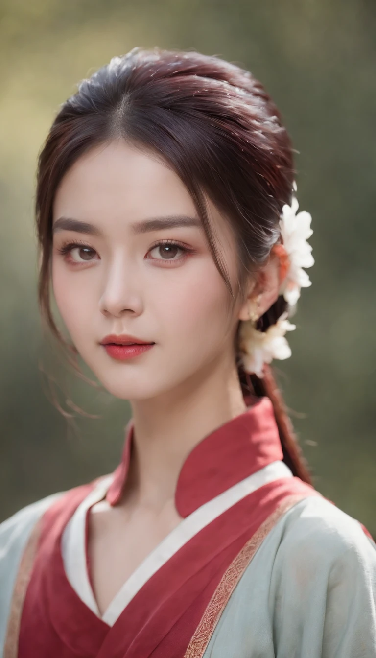 (((A deep red wound streaked across her left cheek))) Fair complexion, A woman around 19 years old, Natural gray hair, Unique green eyes, Wear Cole, Slender and graceful, Beautiful, Chinese women's Hanfu, super sharp focus, realistic lens,, Four colors (Scar:1.4)Red cheeks