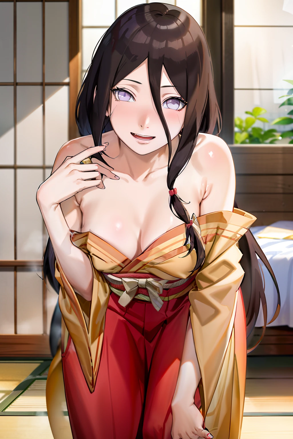 masterpiece, absurdres ,hyuuga hanabi, 1girl, breasts, solo, cleavage, open mouth, orange kimono, looking at viewer, smile, leaning forward, downblouse, blush, collarbone, low-tied long hair, medium breasts, hakama skirt, obi, off shoulder, large breasts, :d, bent over ，Be red in the face，perspire