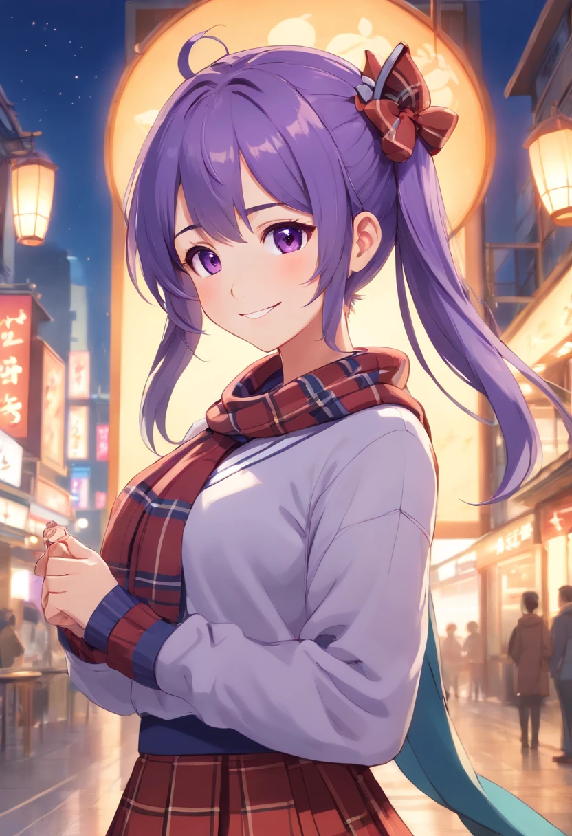 (Realistic painting style:0.9), Masterpiece, Best quality,  absurderes, view the viewer, Solo, Keqing (lantern rite) (Genshin Impact), Keqing (Genshin Impact), hair-bun, Skirt, Scarf, purplesweater, White skirt, Purple hair, Sweater, double tails, Purple eyes, Diamond-shaped pupils, hair adornments, Bare shoulders, Smile, Breasts, cone hair bun, Long hair, belt, double bun hair, Long sleeves, bangs, bow, hair flower, Hair accessories hair bye,ribbon, Hair ribbon, Braid, Plaid scarf, tartan, cropped shoulders