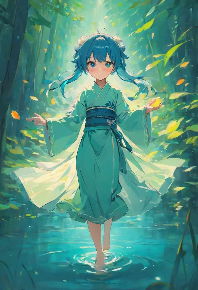 ((4k,masterpiece,best quality)), shuimobysim, traditional chinese ink painting, lotus, hanfu, maxiskit, dress conservatively 1girl, solo, long blue hair, smile, standing, feet in the water, barefoot,