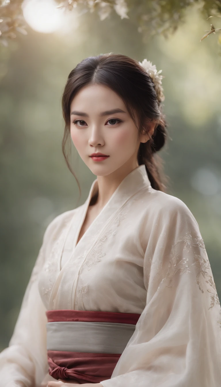 Tulle Hanfu for men and women, The woman holds a sword against the man, Black hair, short ponytail hair, Onyx-colored eyeballs, texture detail, Glowing skin, Sun, Spinning the feather sword, Motion blur background, Backlight, 8K, Super detail, Masterpiece, Best quality