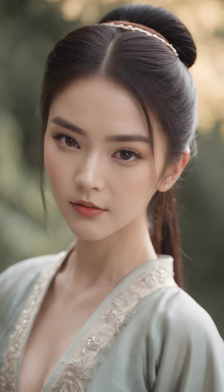 Tulle Hanfu for men and women, The woman holds a sword against the man, Black hair, short ponytail hair, Onyx-colored eyeballs, texture detail, Glowing skin, Sun, Spinning the feather sword, Motion blur background, Backlight, 8K, Super detail, Masterpiece, Best quality