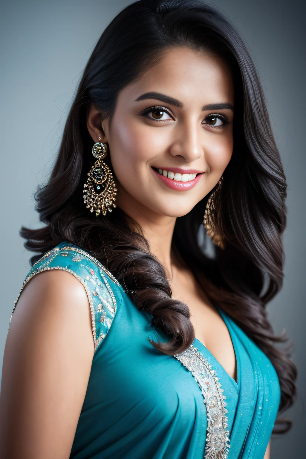 Portrait of A confident-looking indian woman with long flowing hair, hazel eyes, with flowing capes and ice blue colour saree, smiling, standing in ice, perfect composition, hyperrealistic, super detailed, 8k, high quality, trending art, trending on artstation, sharp focus, siberian photo, intricate details, highly detailed, art by greg rutkowski
