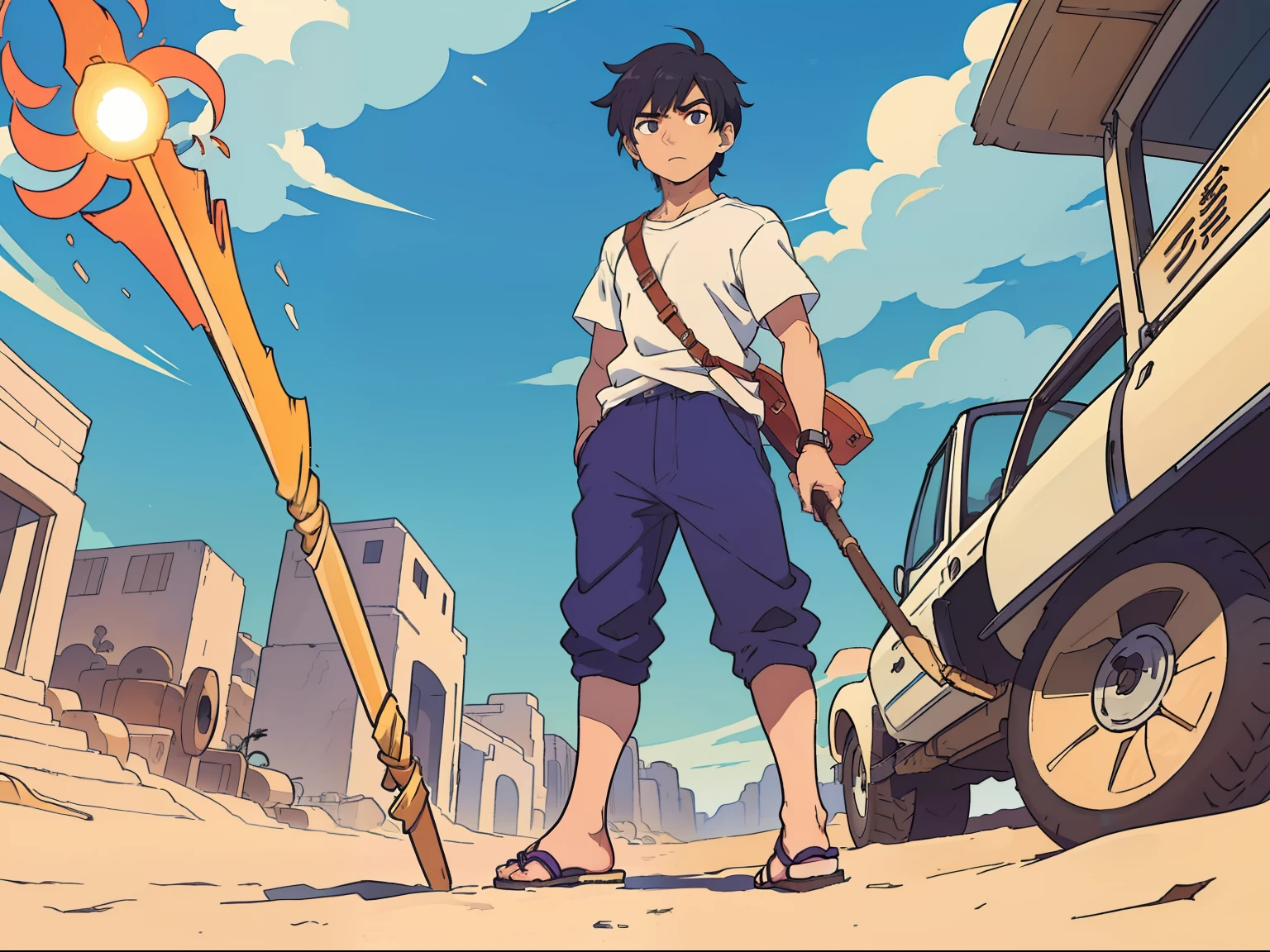 Personagem, do seo masculino, in the center in battle pose with a staff, cabelo arrepiado estilo anime, camisa cinza, bermuda ao estilo couro antigo, Simple sandals on the feet and determined look. in the background a desert scenery, ao estilo estilo Katsuhiro Otomo. manga, comics.
