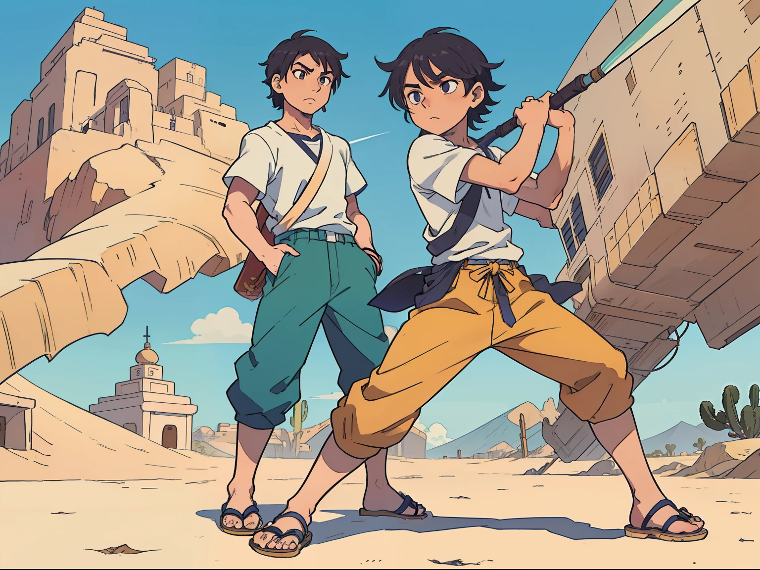 Personagem, do seo masculino, in the center in battle pose with a staff, cabelo arrepiado estilo anime, camisa cinza, bermuda ao estilo couro antigo, Simple sandals on the feet and determined look. in the background a desert scenery, ao estilo estilo Katsuhiro Otomo. manga, comics.