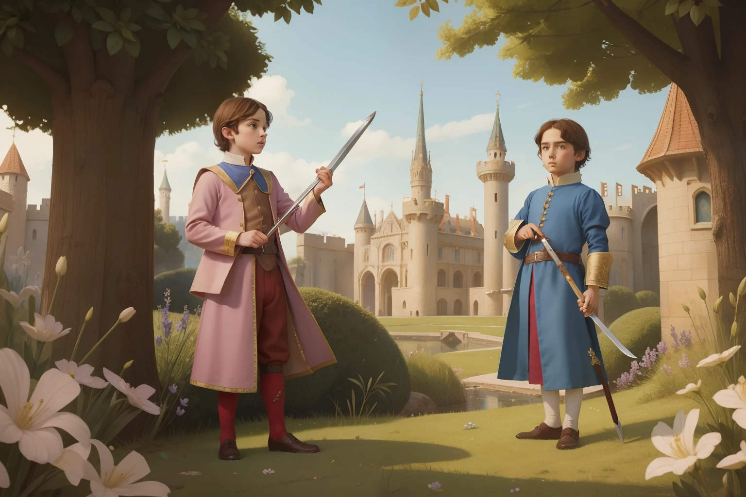 Blend the Pre-Raphaelite fascination with medieval themes and Wes Anderson's quirky world-building: a young boy in a pastel suit, brandishing a toy sword, embarking on a fantastical quest through a whimsical, candy-colored castle.