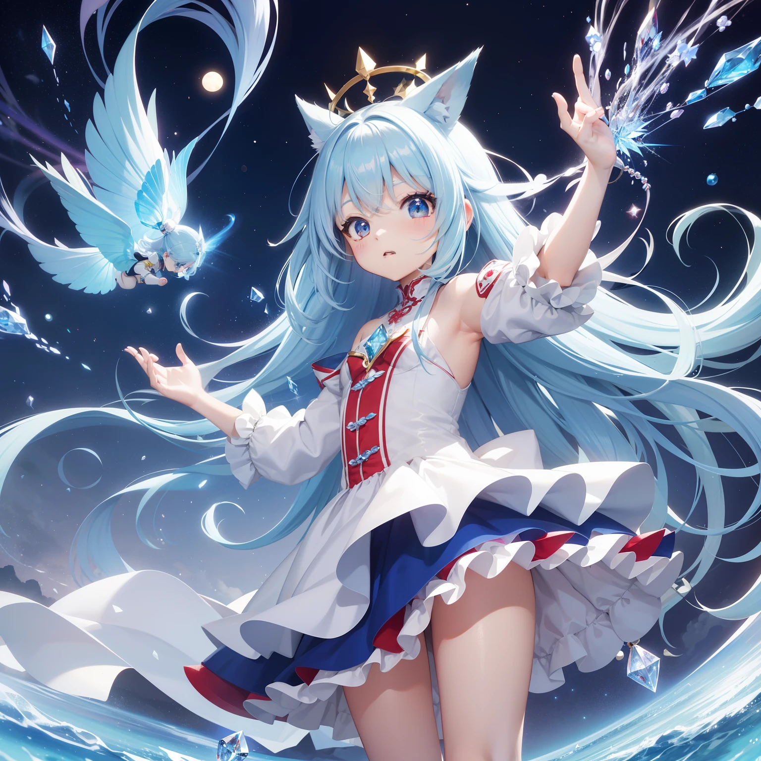 Chibichara、long hair with blue hair、Fluffy Dodge、girl with((Chibi Chara))、Engaging pose、Red and white costume、Fantasia、Luminous Crystal、Crystal jade、constellation、a moon、Fantastic background、masutepiece、A small chibi character is flying