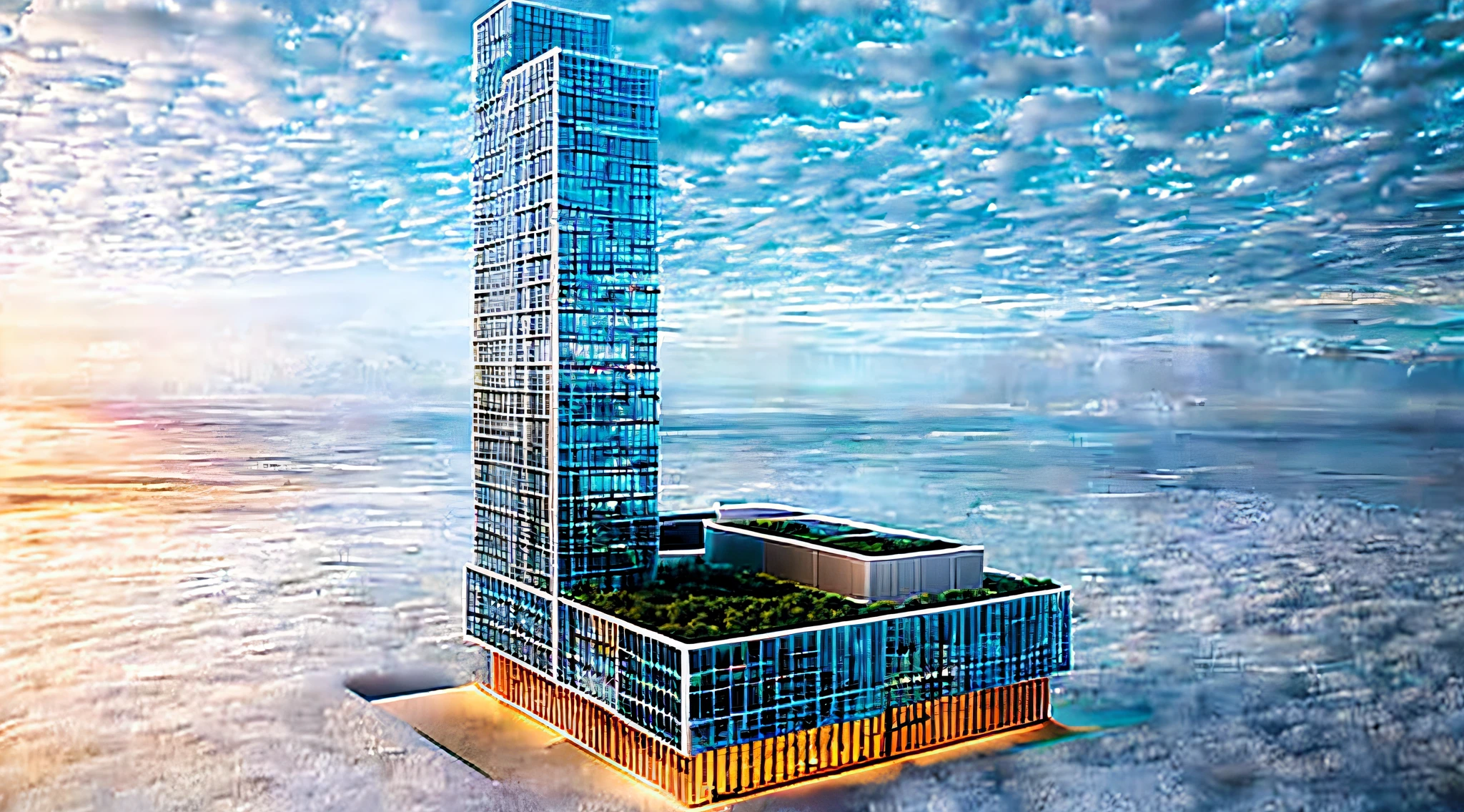 The image of a tall building with a sky blue façade, center model buildings, digital model, architectural model, an extremely detailed building, realistic building, full building, the building is a skyscraper, multistory building, detailed model, Single building, full - view, from street level, Tall building, highly detailed model, cinematic architectural scale, hq render,Rational structure,architectural structure
