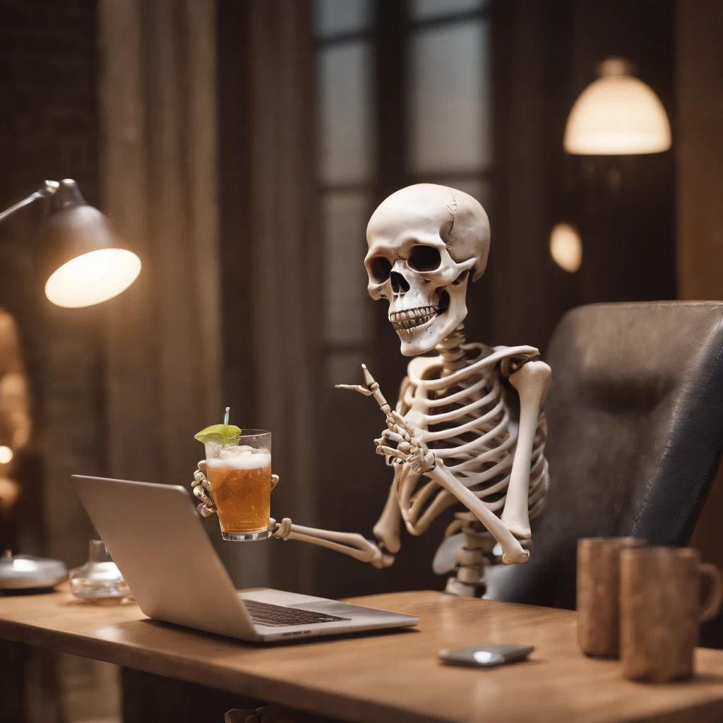 arafed skeleton sitting in a chair with a laptop and drinking a drink, cute skeleton, 3d illustration, 3 d illustration, cute 3 d render, 3 d render stylized, 2 d illustration, 2d illustration, cyber skeleton, an alien working on a computer, stylized 3d render, digital art render, stylized digital illustration