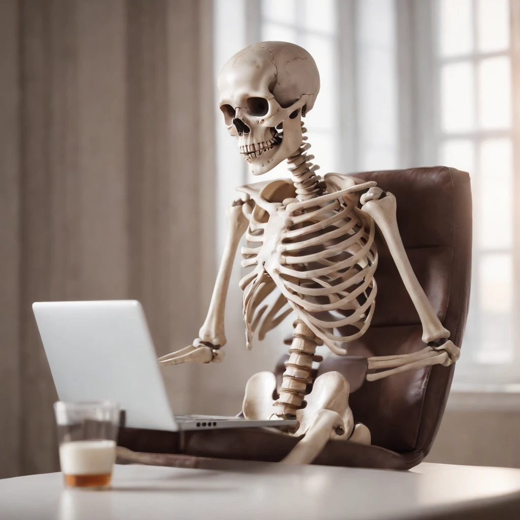 arafed skeleton sitting in a chair with a laptop and drinking a drink, cute skeleton, 3d illustration, 3 d illustration, cute 3 d render, 3 d render stylized, 2 d illustration, 2d illustration, cyber skeleton, an alien working on a computer, stylized 3d render, digital art render, stylized digital illustration