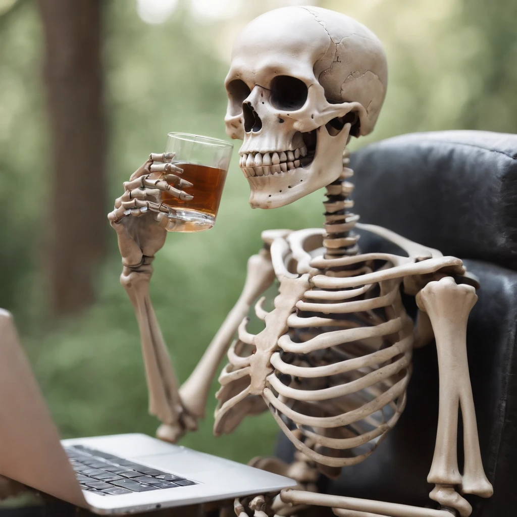 arafed skeleton sitting in a chair with a laptop and drinking a drink, cute skeleton, 3d illustration, 3 d illustration, cute 3 d render, 3 d render stylized, 2 d illustration, 2d illustration, cyber skeleton, an alien working on a computer, stylized 3d render, digital art render, stylized digital illustration