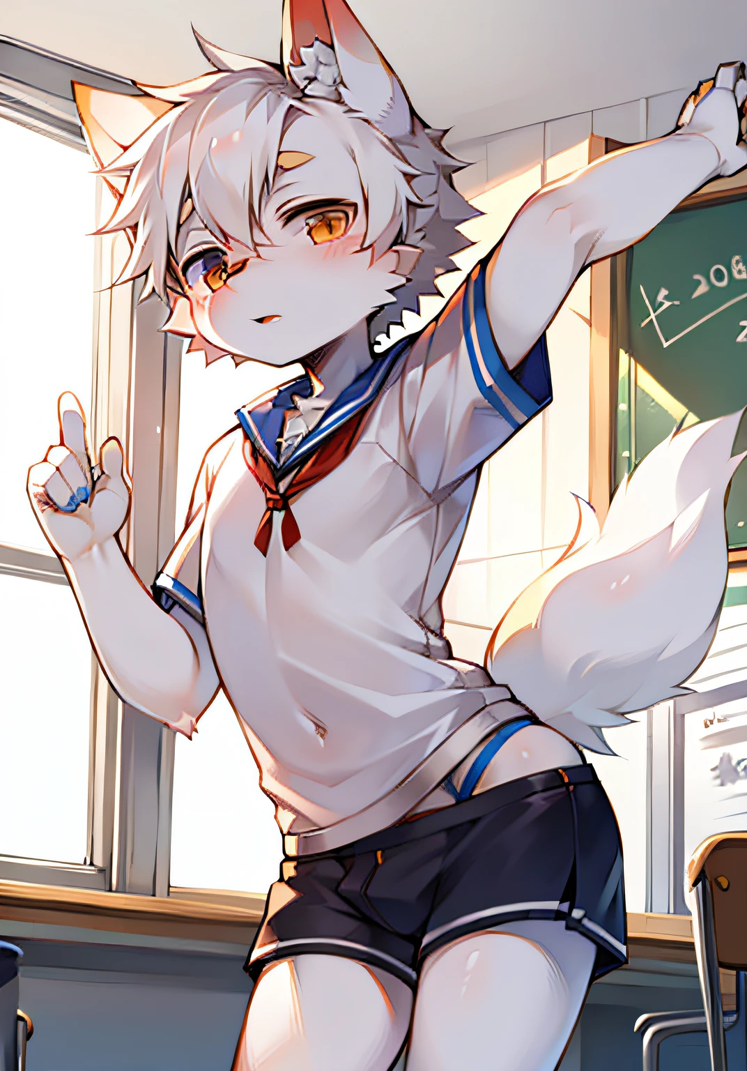 Shota the white fox who wears only underwear to school in the classroom