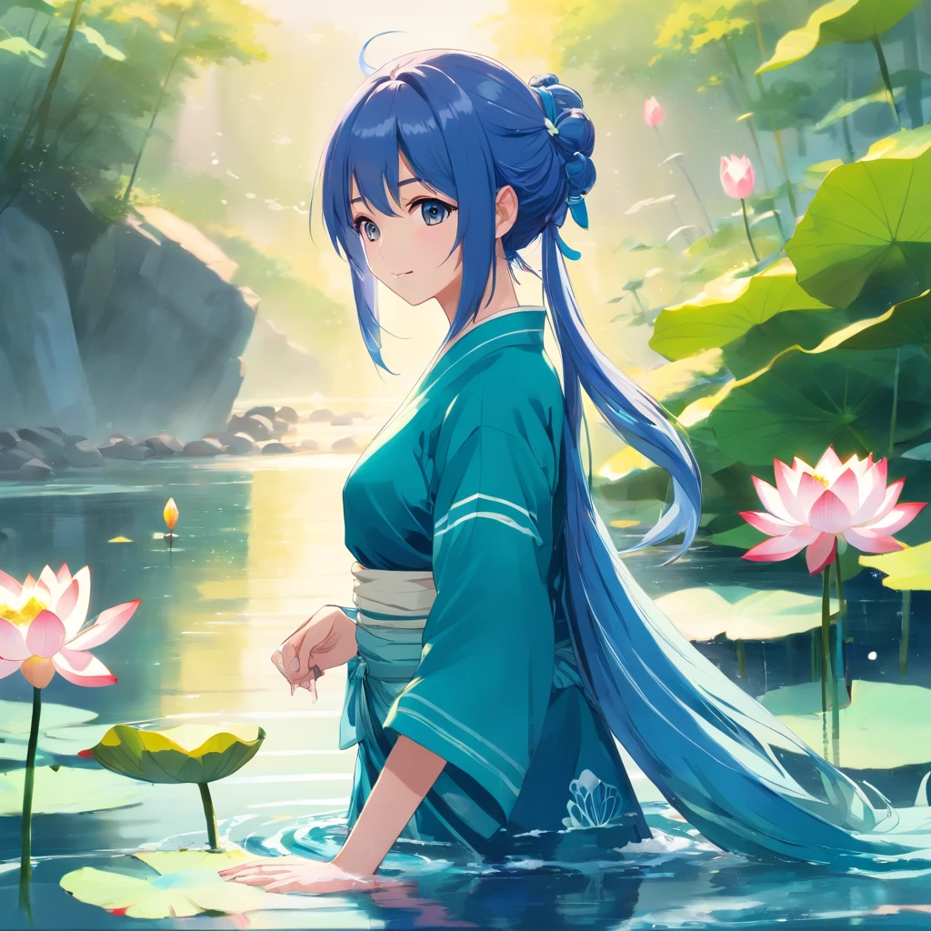 ((4k,masterpiece,best quality)), shuimobysim, traditional chinese ink painting, lotus, hanfu, maxiskit, dress conservatively 1girl, solo, long blue hair, smile, standing, feet in the water, barefoot,