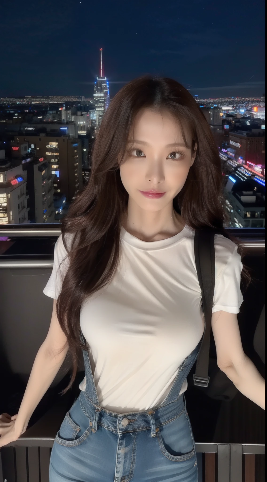 ((Midnight, Best quality, 8k, Masterpiece :1.3)), Whole body, Long legs, Sharp focus :1.2, A pretty woman with perfect figure :1.4, Slender abs :1.1, ((Dark brown hair, Big breasts :1.2)), (White tight tshirt, Jean bib, Standing:1.2), ((Night city view, Rooftop:1.3)), Highly detailed face and skin texture, Detailed eyes, Double eyelid