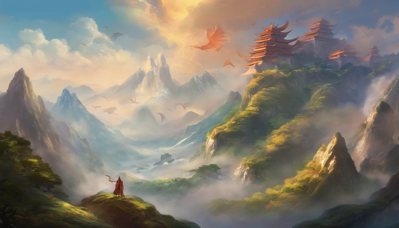 A painting of a CHinese dragon circling between mountains，With dragons as the main background，There are clouds，There are mountains，Flying in the sky（CHinese dragon：1.5），highly detailed fantasy art，hyperrealistic d & D fantasy art，Hero, Artstation contest winner，--no wings，