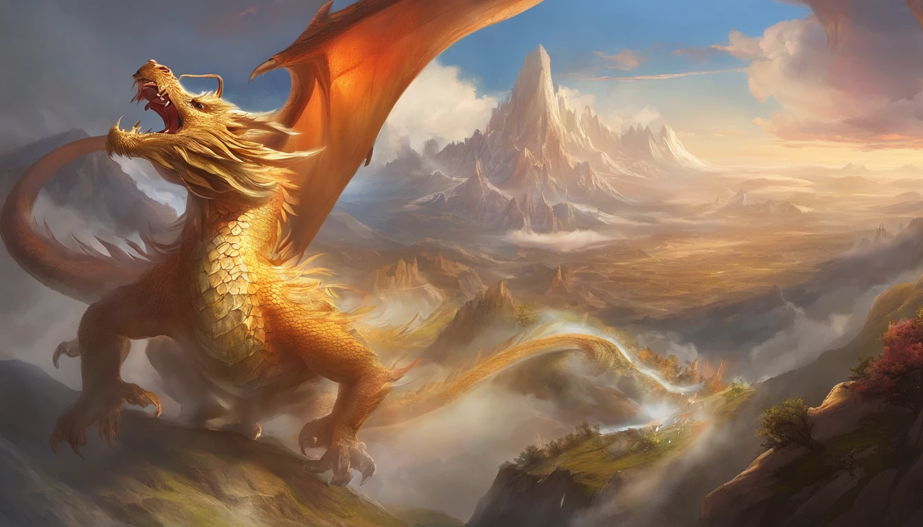 A painting of a CHinese dragon circling between mountains，With dragons as the main background，There are clouds，There are mountains，Flying in the sky（CHinese dragon：1.5），highly detailed fantasy art，hyperrealistic d & D fantasy art，Hero, Artstation contest winner，--no wings，