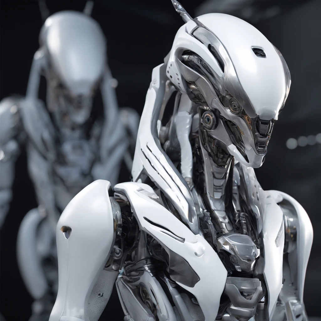 An alien，Humanoid，mechs，(Wearing a white zirconia dioxide ceramic surface mech:1.5)，(((Hard surface properties)))，(((streamlined line design)))，It has refined features in a sci-fi environment,with light glowing, Sparks and lights, best qualtiy，tmasterpiece，フォトリアリスティック, Highly detailed, iintricate，unreal 5 render，