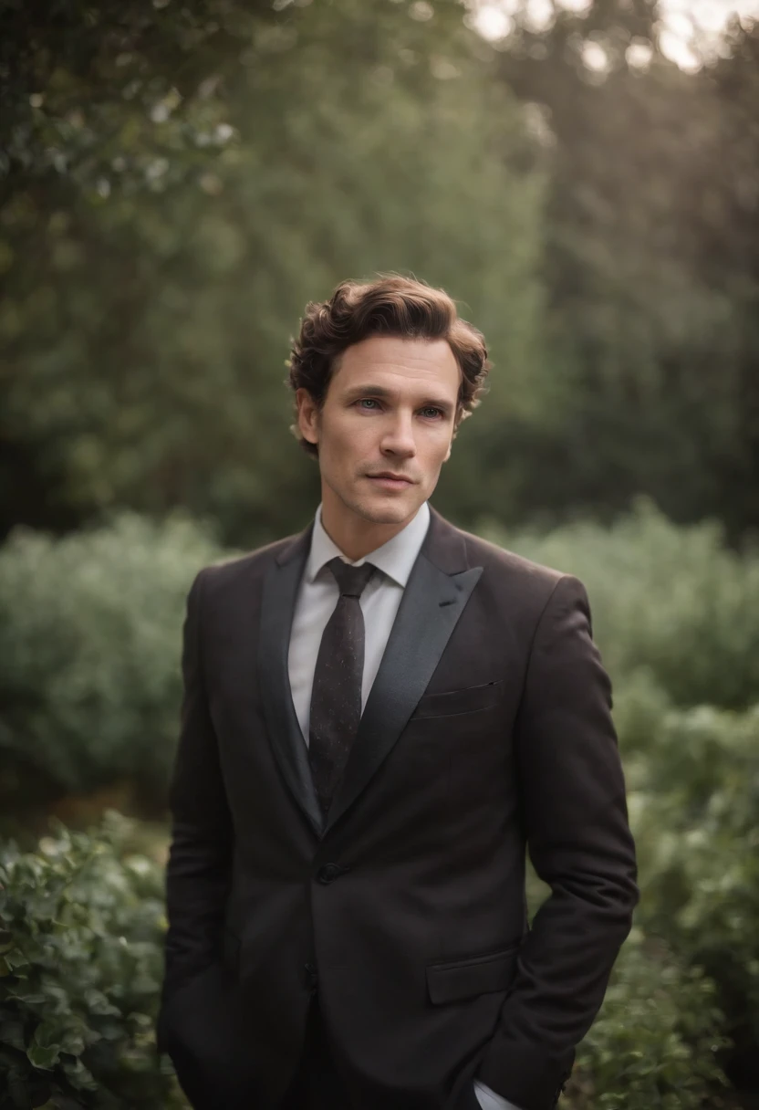 Cinematic photo, Grand angle, of a handsom man, 40 ans, shaven , curly short brown hair. Dark brown tight velvet suit, avec des motifs de fleurs noires. minimalist background, Composition propre, Strong details, muted colors, Hasselblad --style brut