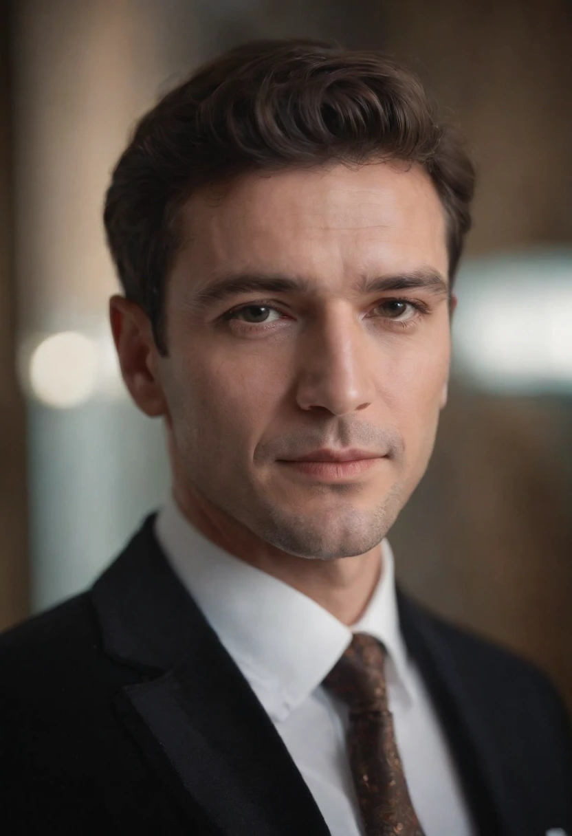 Cinematic photo, Grand angle, of a handsom man, 40 ans, shaven , curly short brown hair. Dark brown tight velvet suit, avec des motifs de fleurs noires. minimalist background, Composition propre, Strong details, muted colors, Hasselblad --style brut