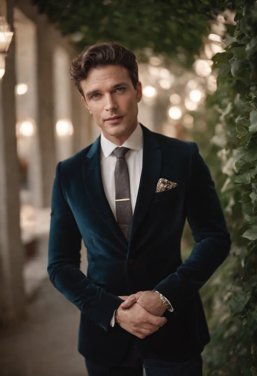 Cinematic photo, Grand angle, of a handsom man, 40 ans, shaven , curly short brown hair. Dark brown tight velvet suit, avec des motifs de fleurs noires. minimalist background, Composition propre, Strong details, muted colors, Hasselblad --style brut