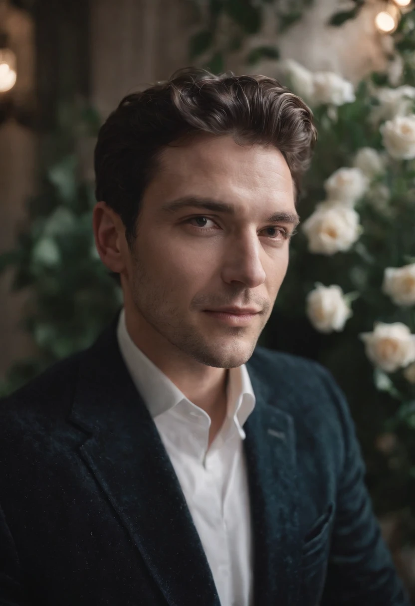 Cinematic photo, Grand angle, of a handsom man, 40 ans, shaven , curly short brown hair. Dark brown tight velvet suit, avec des motifs de fleurs noires. minimalist background, Composition propre, Strong details, muted colors, Hasselblad --style brut