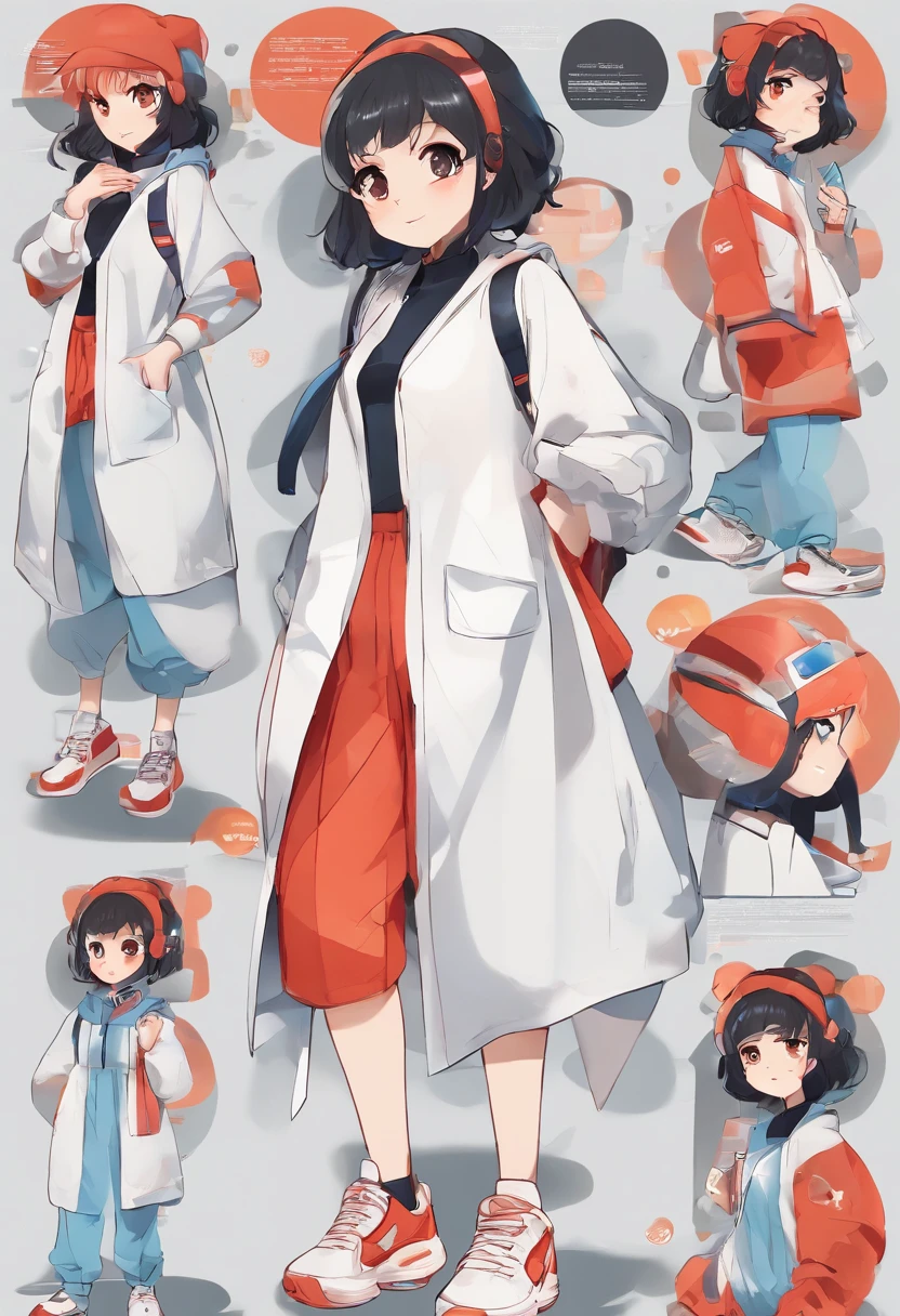 Chica latina, Pelo largo negro, 18yr old, ojos azules, Estilo Pixar, Cara hermosa, Multiple expression and poses, character sheet, en pantalones azules, zapatos negros, camiseta deportiva roja, Character dynamics, pose, cuerpo completo,Laughing face, (((Multi-character design sheet)))